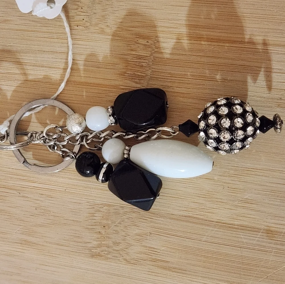 Hand Crafted Purse Charm Keychain Beaded White Black Rhinestone 5